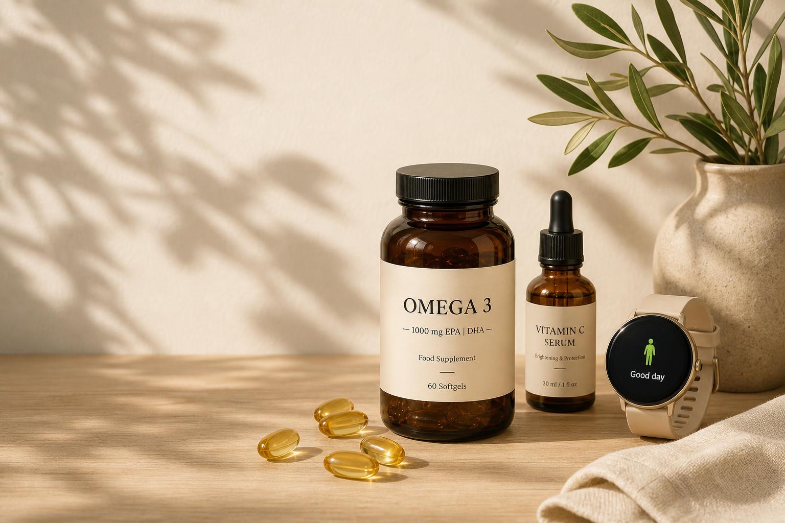 Curated wellness essentials — omega 3, vitamin C serum and smartwatch